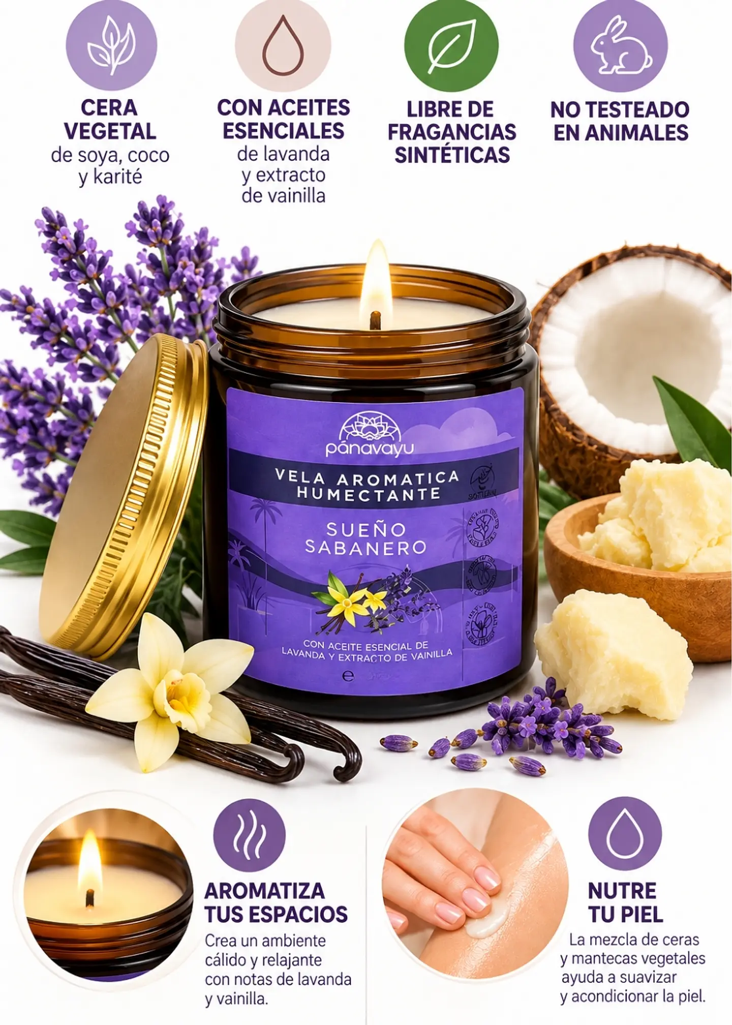 Panavayu Vela Aromática Humectante Lavanda y Vainilla 180 g | Doble Propósito: Aromatiza y Nutre la Piel | Soya, Coco y Karité | Colombia 2