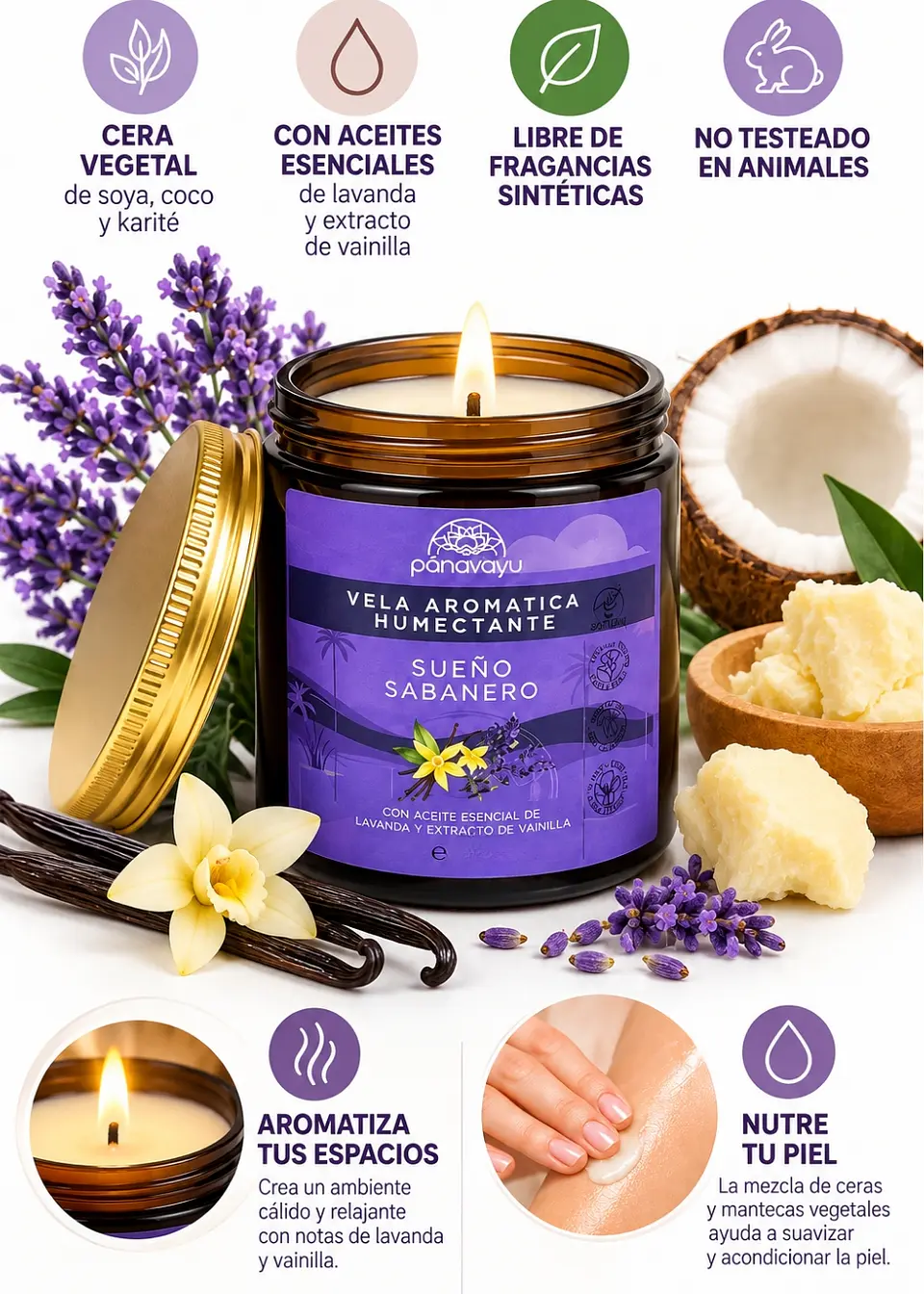 Panavayu Vela Aromática Humectante Lavanda y Vainilla 180 g | Doble Propósito: Aromatiza y Nutre la Piel | Soya, Coco y Karité | Colombia 2