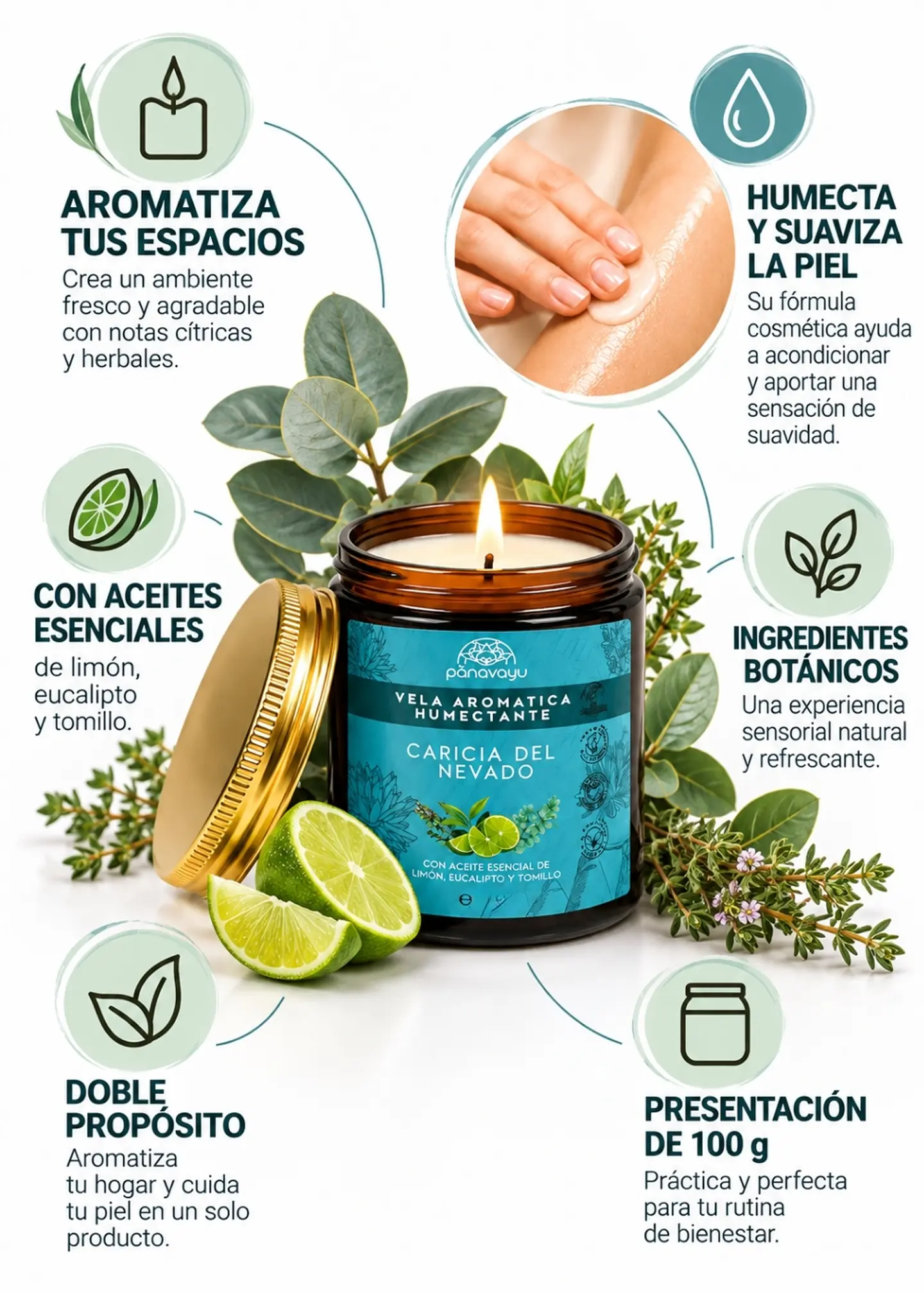 Panavayu Vela Aromática Humectante Caricia del Nevado 100 g | Doble Propósito: Aromatiza y Nutre la Piel | Aceites Esenciales de Limón, Eucalipto y Tomillo | Colombia 2