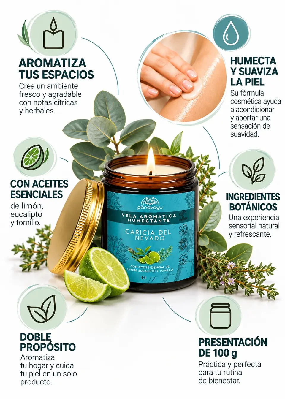 Panavayu Vela Aromática Humectante Caricia del Nevado 100 g | Doble Propósito: Aromatiza y Nutre la Piel | Aceites Esenciales de Limón, Eucalipto y Tomillo | Colombia 2