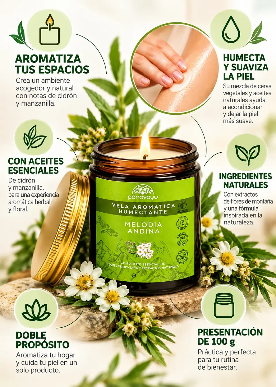 Panavayu Vela Aromática Humectante Cidrón y Manzanilla 100 g | Doble Propósito: Aromatiza y Nutre la Piel | Aceites Esenciales | Colombia 2