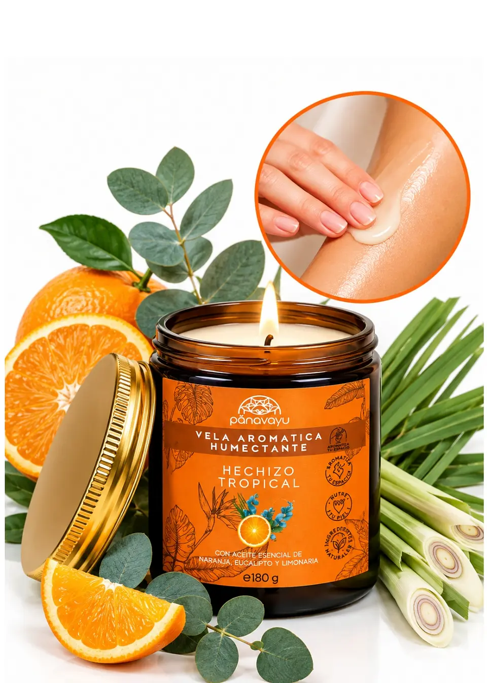 Panavayu Vela Aromática Humectante Naranja, Eucalipto y Limonaria 180 g | Doble Propósito: Aromatiza y Nutre la Piel | Aceites Esenciales | Colombia 1