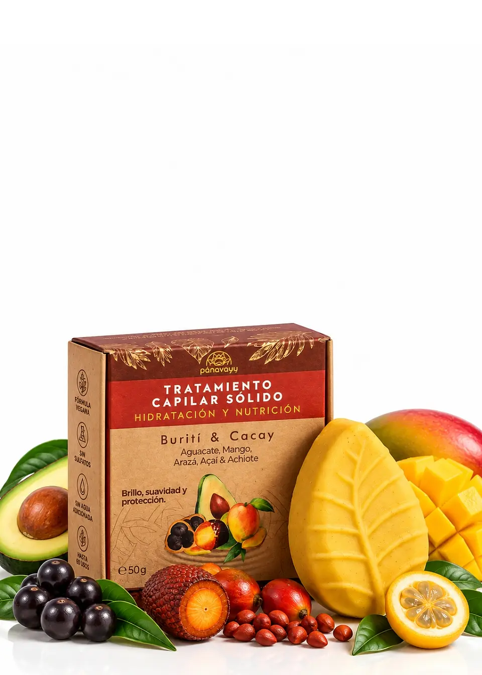 Panavayu Tratamiento Capilar Sólido Hidratación y Nutrición 50 g | Burití, Açaí, Arazá, Mango, Achiote y Cacay | Cabello Seco, Dañado y con Frizz | Hasta 60 Usos 1