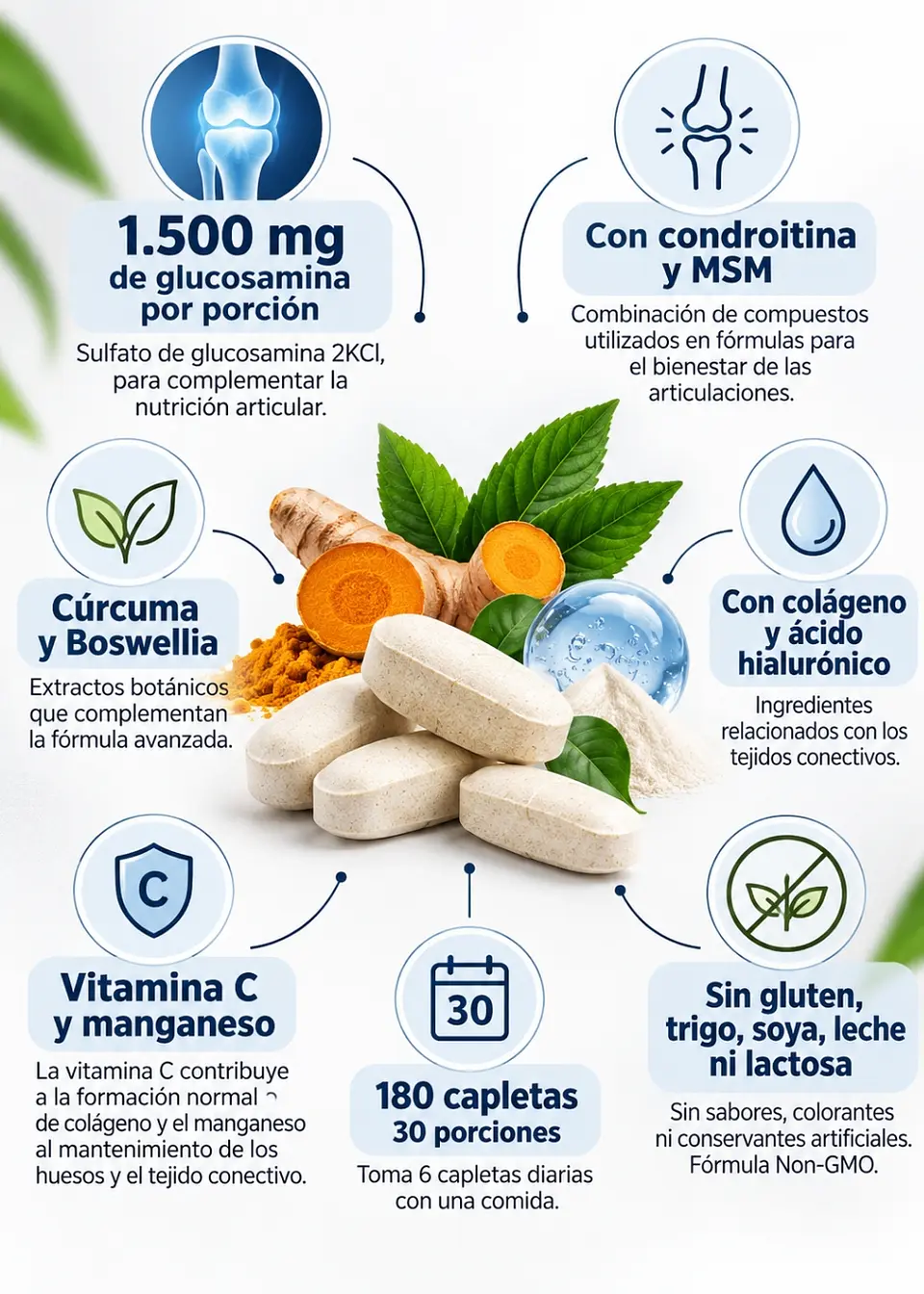 Horbaach Advanced Glucosamina y Condroitina + MSM y Cúrcuma | 180 Capletas | Bienestar Articular, Cartílagos y Tejidos Conectivos | 1.500mg de Glucosamina por Porción | Importado de EE. UU. | Colombia 2