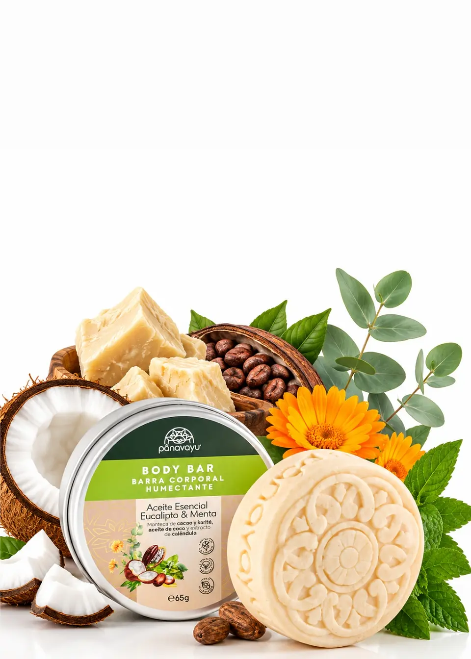 Panavayu Barra Humectante Natural de Eucalipto y Menta 65 g | Hidratación Corporal Sin Enjuague | Con Karité, Cacao, Coco y Caléndula | Sin Parabenos ni Fragancias Artificiales 1