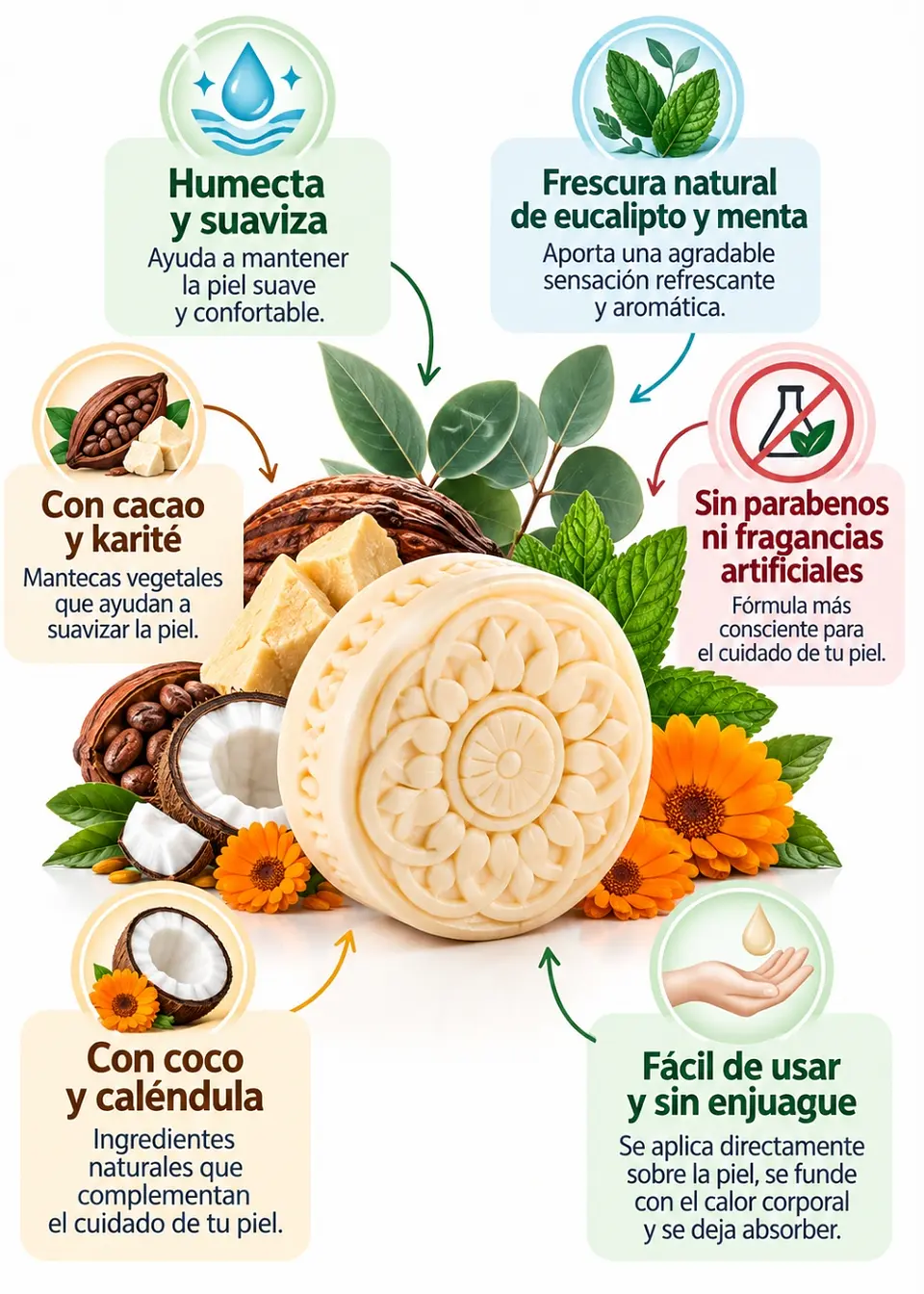 Panavayu Barra Humectante Natural de Eucalipto y Menta 65 g | Hidratación Corporal Sin Enjuague | Con Karité, Cacao, Coco y Caléndula | Sin Parabenos ni Fragancias Artificiales 2