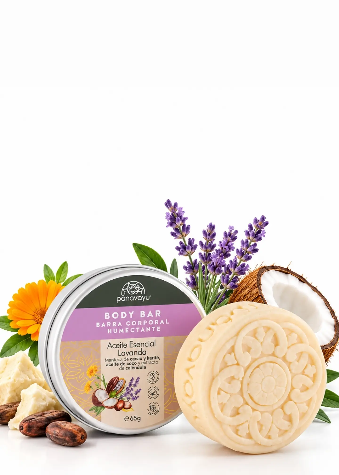 Panavayu Barra Humectante Natural de Lavanda 65 g | Hidratación Corporal Sin Enjuague | Con Cacao, Karité, Coco y Caléndula | Sin Parabenos ni Fragancias Artificiales 1