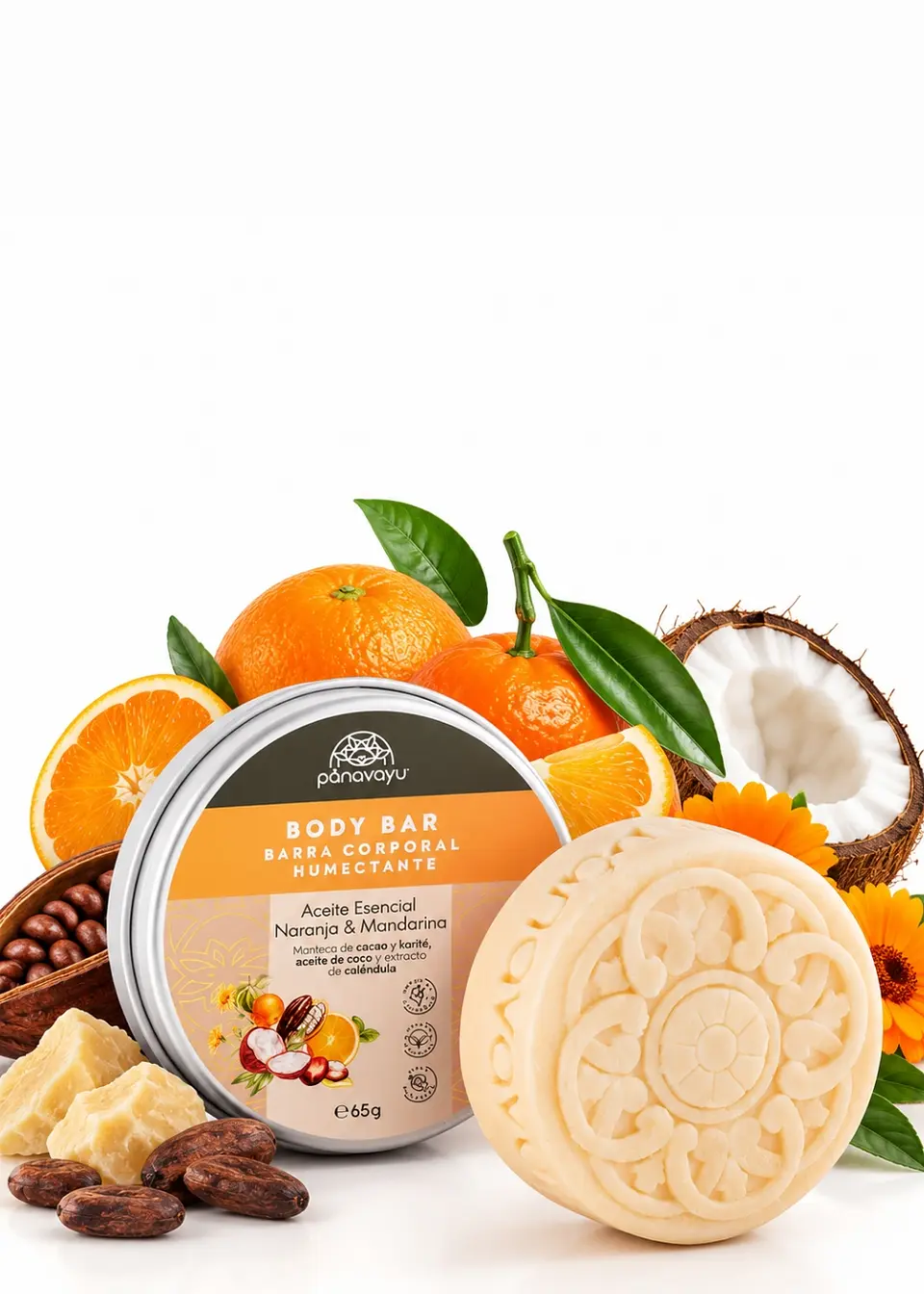 Panavayu Barra Humectante Natural de Naranja y Mandarina 65 g | Hidratación Corporal Sin Enjuague | Con Cacao, Karité, Coco y Caléndula | Aroma Cítrico 1