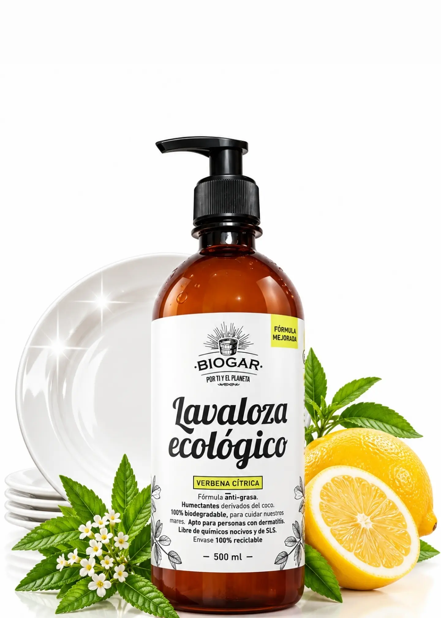 Biohogar Lavaloza Ecológico Verbena Cítrica 500 ml | Limpieza de Platos, Ollas y Utensilios | Con Biolípidos y Enzimas | Aroma Natural 1