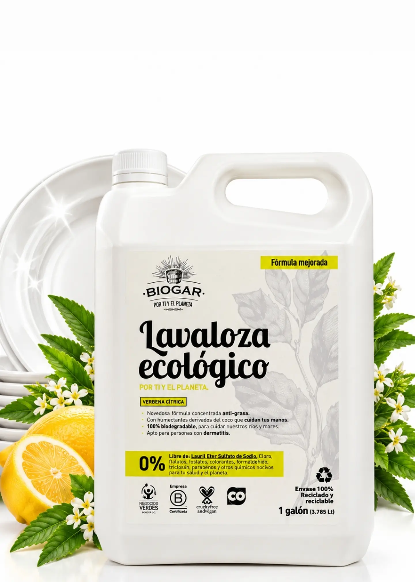 Biogar Lavaloza Ecológico Verbena Cítrica 1 Galón (3,785 L) | Limpieza Antigrasa de Platos y Utensilios | Con Biolípidos y Enzimas | Aroma Natural 1
