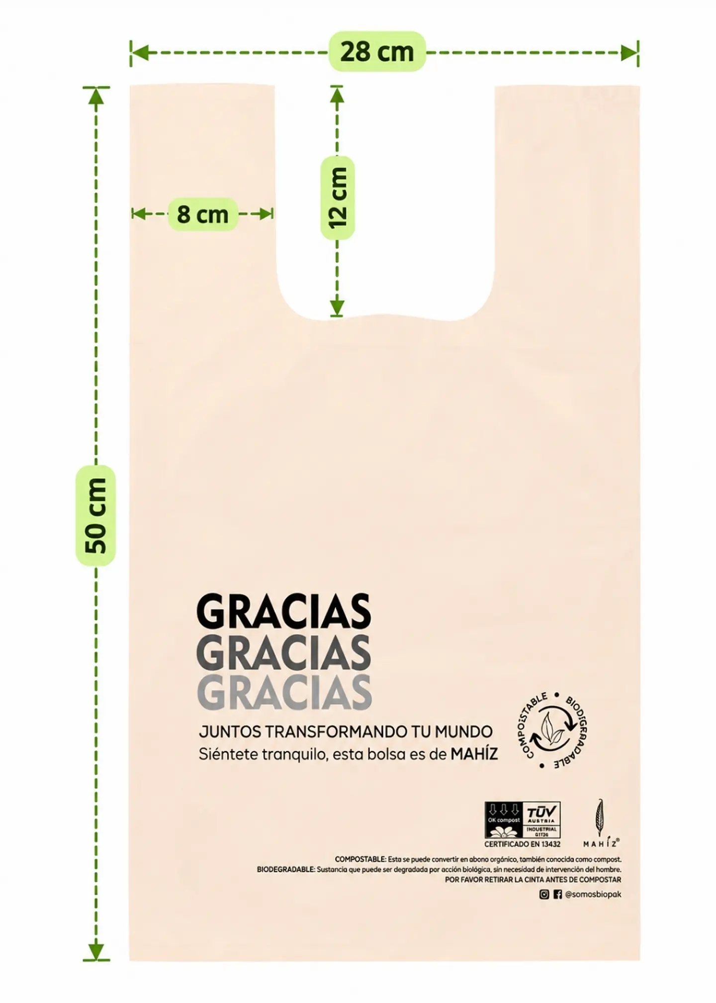 Mahíz Bolsa Ecológica Compostable M30 28 × 50 + 7,5 cm | Tipo Camiseta con Agarraderas | Resistencia 8 kg | Paquete x 50 Unidades 3