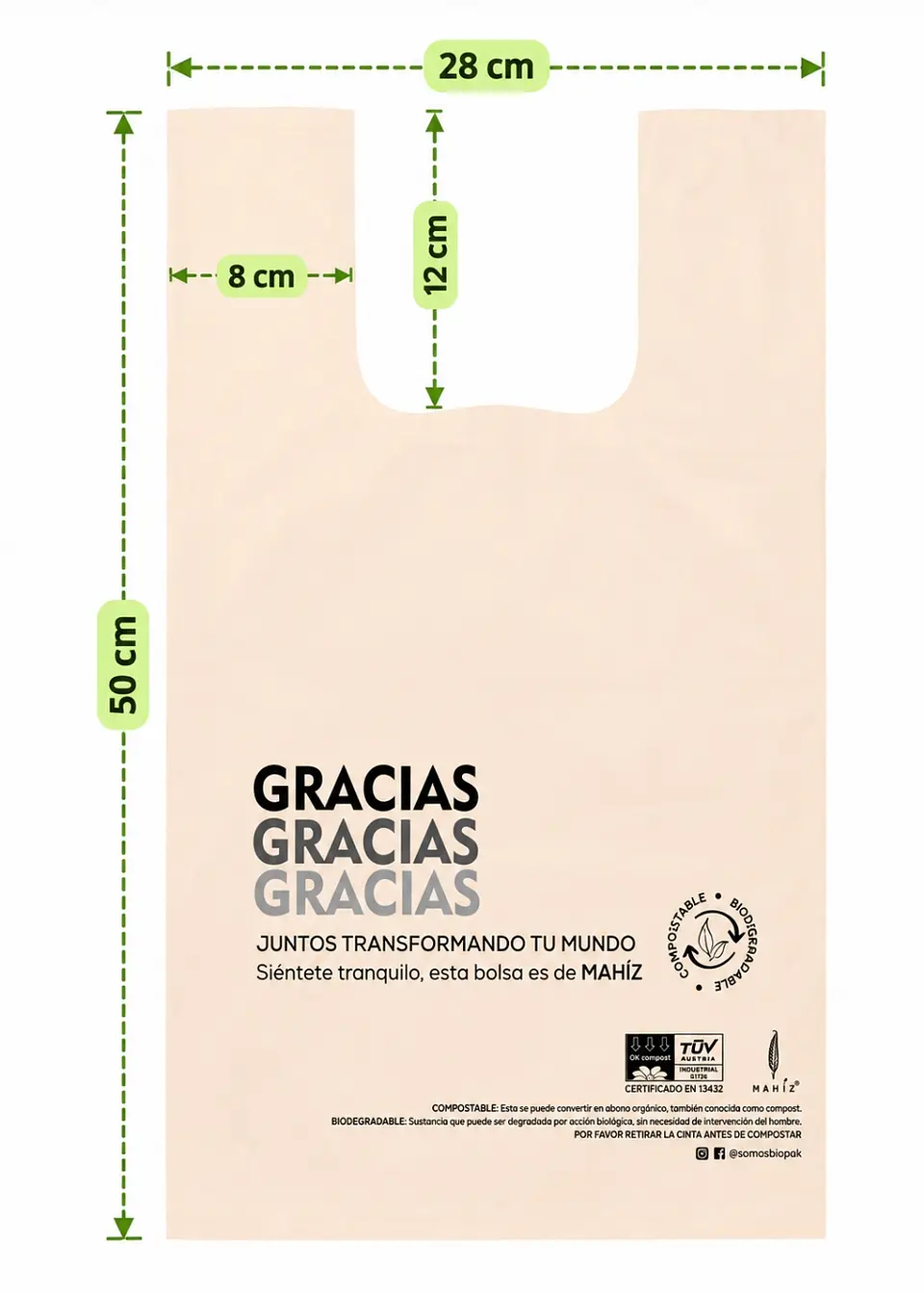 Mahíz Bolsa Ecológica Compostable M30 28 × 50 + 7,5 cm | Tipo Camiseta con Agarraderas | Resistencia 8 kg | Paquete x 50 Unidades 3