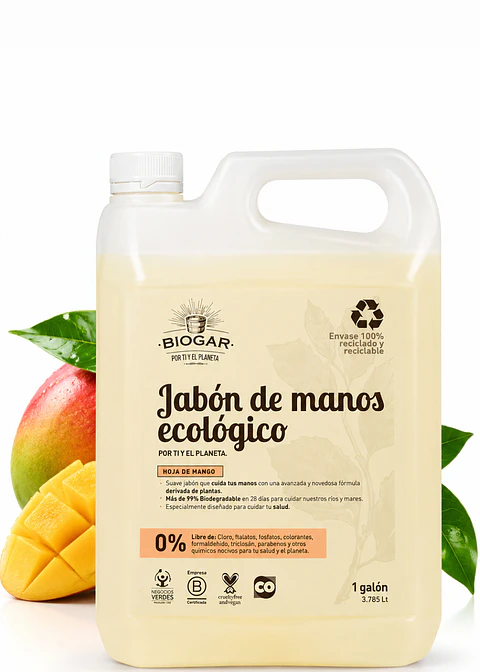 Biogar Jabón de Manos Ecológico Hoja de Mango 1 Galón (3,785 L) | Limpieza Suave | pH Neutro | Con Glicerina Vegetal y Biolípidos