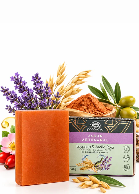 Panavayu Jabón Natural Artesanal de Lavanda y Arcilla Roja 100 g | Facial y Corporal | Limpieza, Suavidad y Cuidado de la Piel
