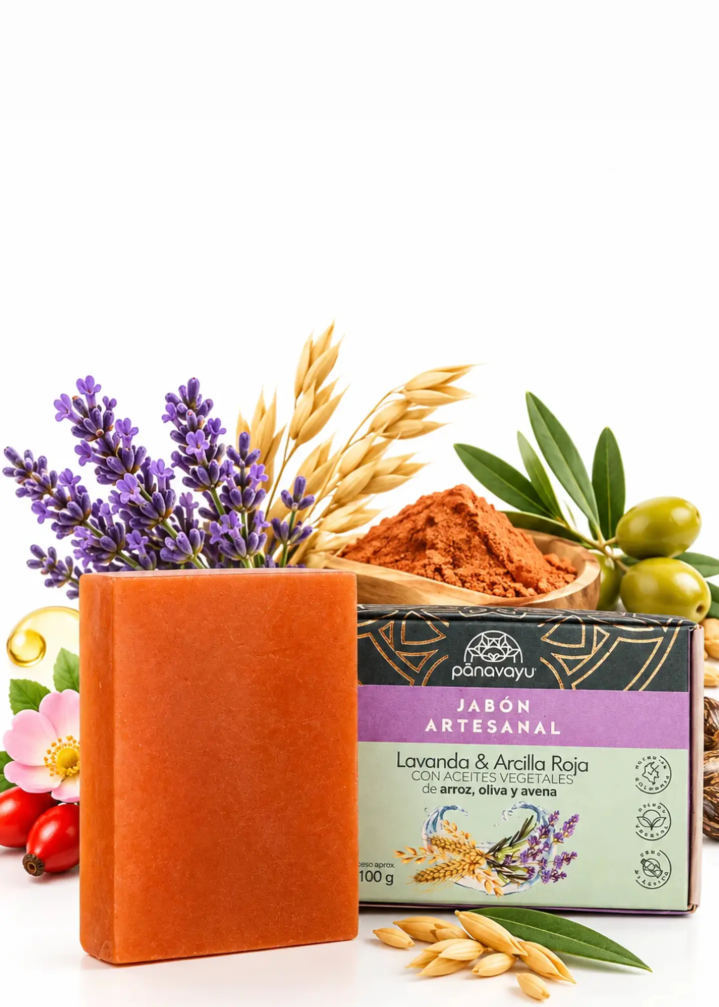 Panavayu Jabón Natural Artesanal de Lavanda y Arcilla Roja 100 g | Facial y Corporal | Limpieza, Suavidad y Cuidado de la Piel 1