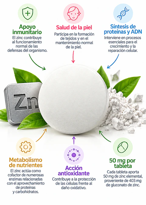 NOW Foods Zinc 50 mg | 100 Tabletas | Gluconato de Zinc | Apoyo Inmunitario, Piel y Metabolismo | Importado de EE. UU. | Colombia