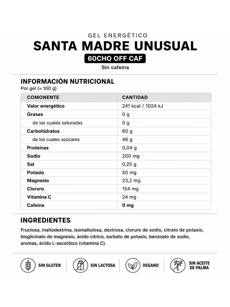 GEL ENERGETICO SANTA MADRE UNUSUAL 60 CHO OFF CAF RATIO 1:0,8 3