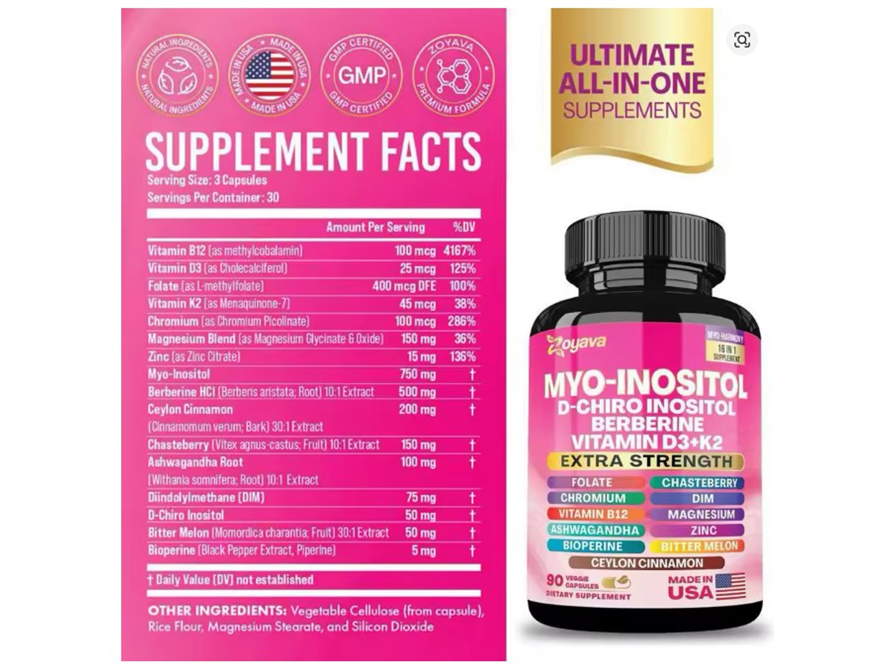 Myo-Inositol + D-Chiro Inositol con Vitaminas y Minerales – 90 cápsulas 3