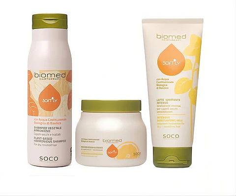 Biomed Softly Kit para nutrir em profundidade cabelos secos e sensibilizados 3un