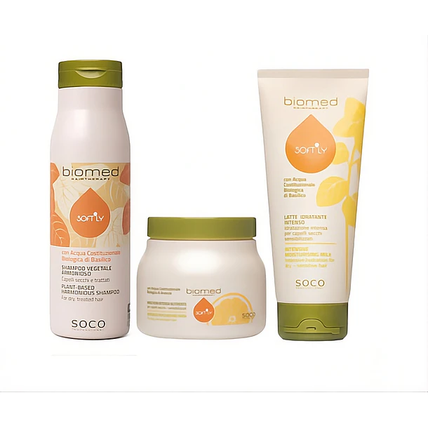 Biomed Softly Kit para nutrir em profundidade cabelos secos e sensibilizados 3un 1