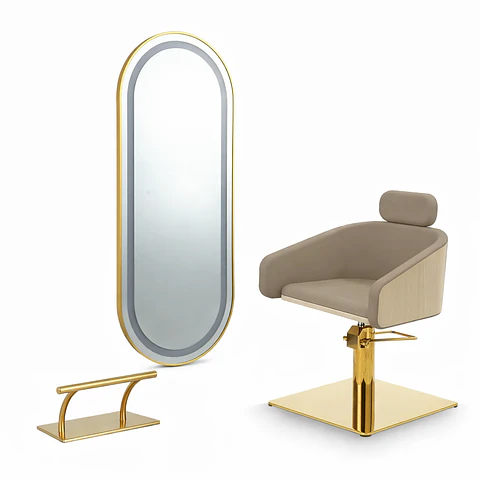 CONJUNTO PROFISSIONAL ALYA + LOOP LED + POUSA‑PÉS DOURADO 