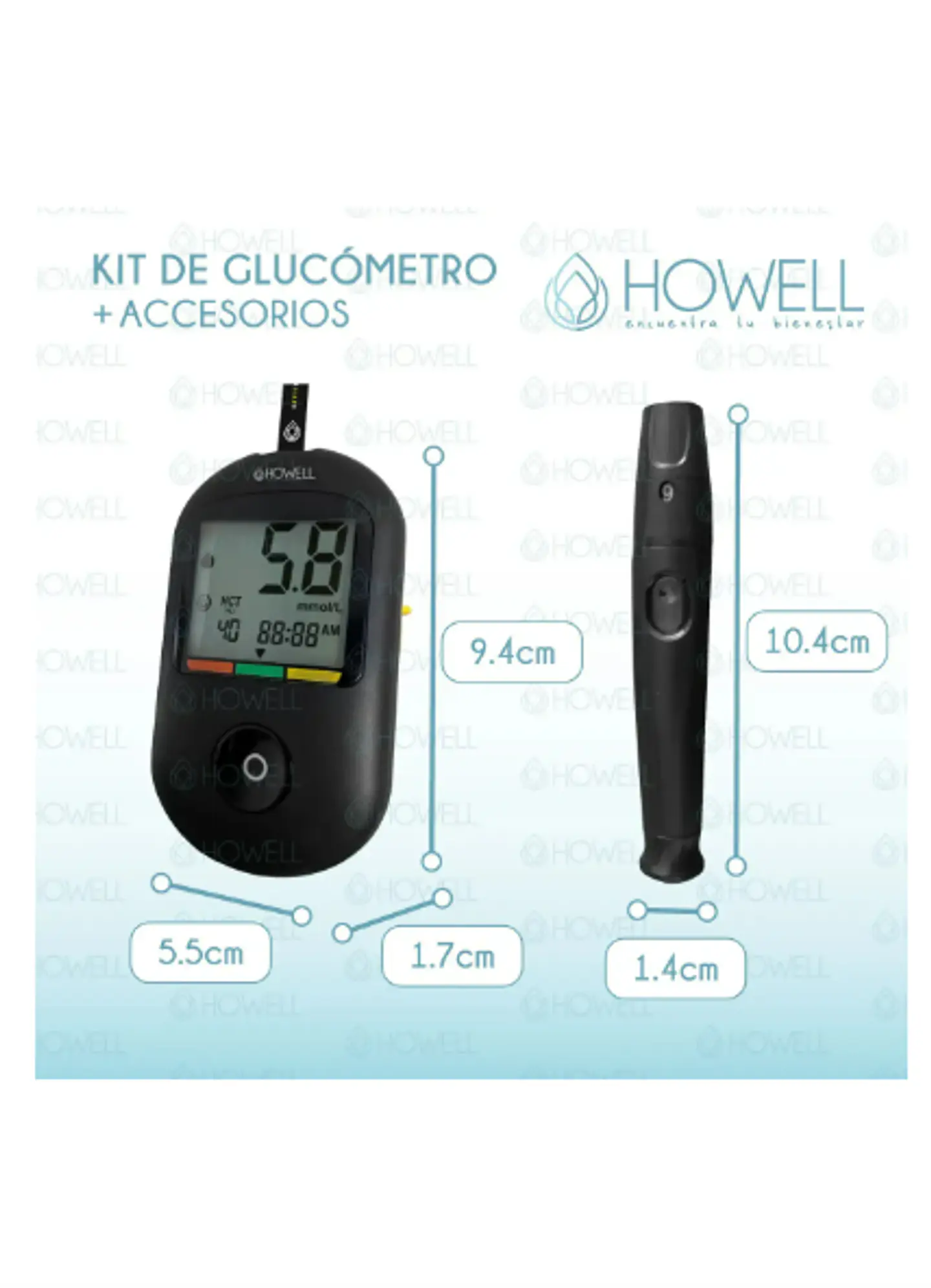 Kit Glucometro Digital Howell Bg-710b Bluetooth 10 Tiras 10 Lancetas Estuche Incluido 2
