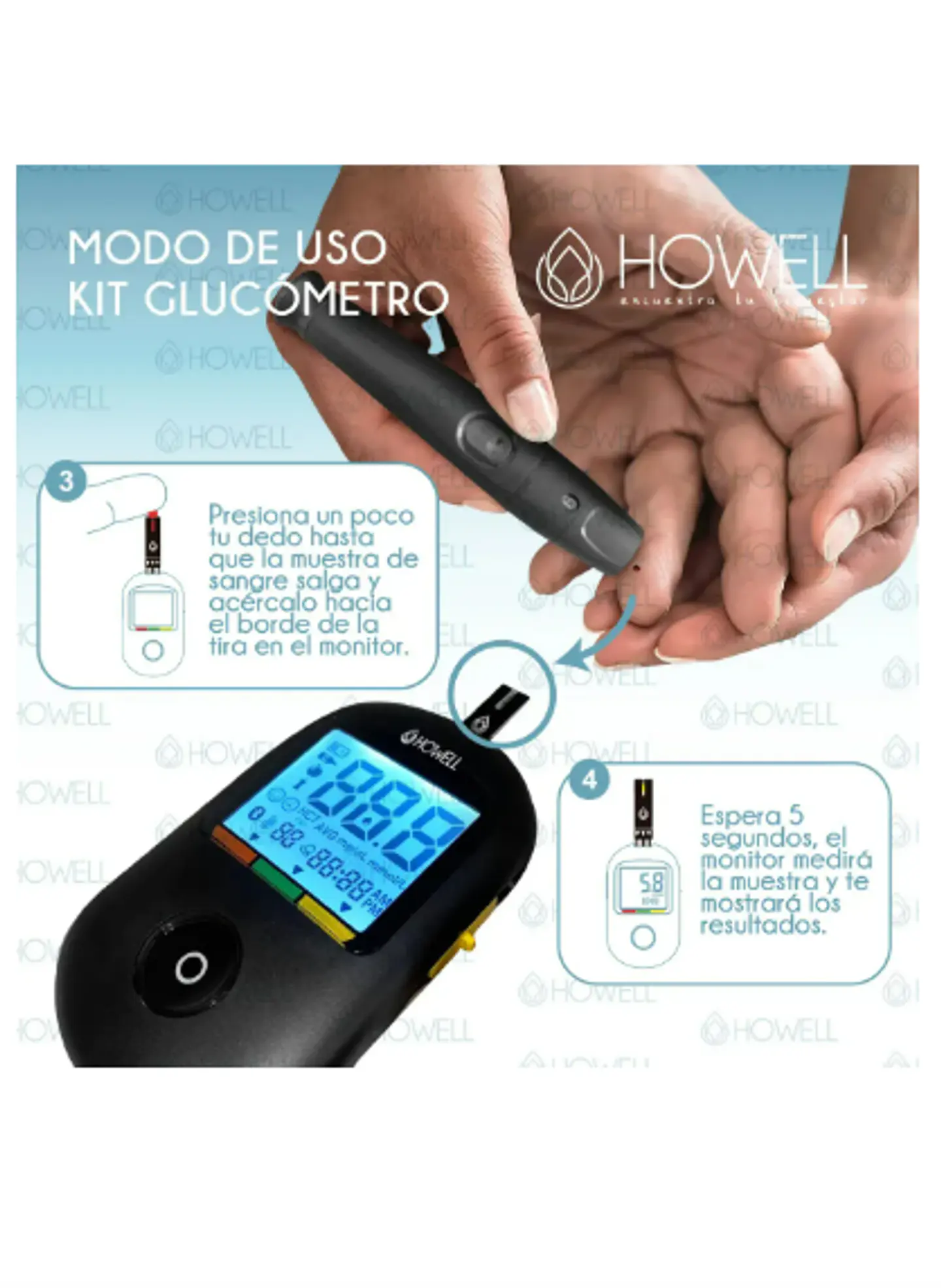 Kit Glucometro Digital Howell Bg-710b Bluetooth 10 Tiras 10 Lancetas Estuche Incluido 3