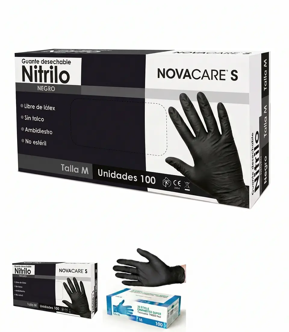 Guantes de Nitrilo Negros Libres de Polvo - Caja de 100 und Talla M 1