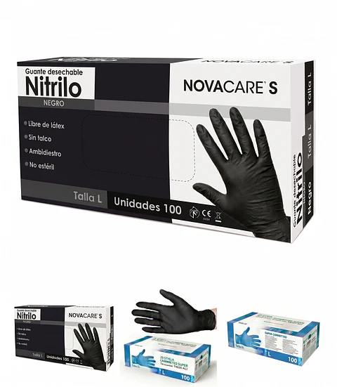 Guantes de Nitrilo Negros Libres de Polvo - Caja de 100 und Talla L