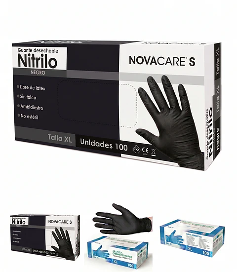 Guantes de Nitrilo Negros Libres de Polvo - Caja de 100 und Talla XL