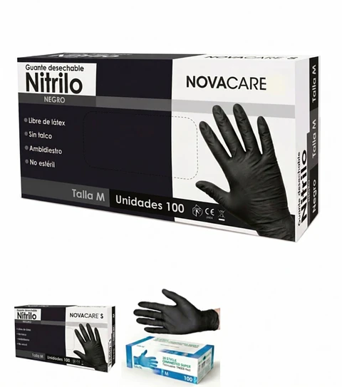 Guantes de Nitrilo Negros Libres de Polvo - Caja de 100 und Talla M