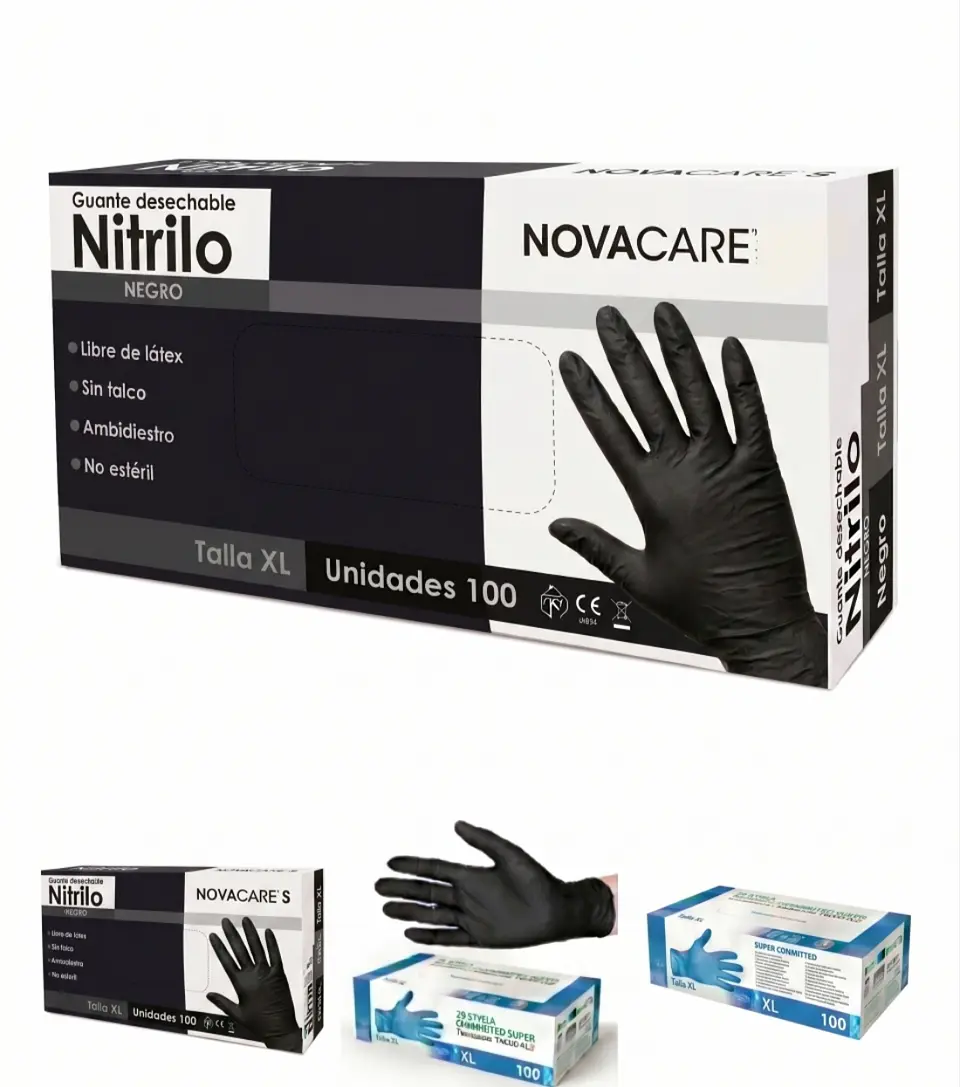 Guantes de Nitrilo Negros Libres de Polvo - Caja de 100 und Talla XL 1