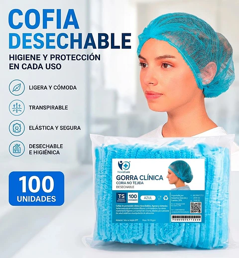 Gorra Clínica Desechable NovaCure 100Un. Azul Tamaño Estandar