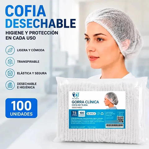 Gorra Clínica Desechable NovaCure 100Un. Blanco Tamaño Estandar