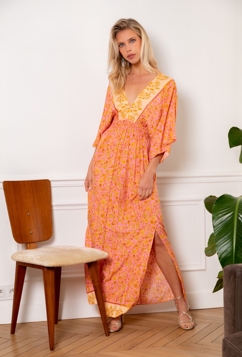 VESTIDO MURCIELAGO ROSADO-MOSTAZA