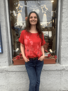 BLUSA LINO ESTAMPADA FLORES ROJO