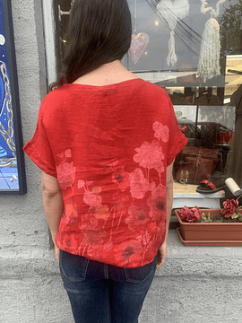 BLUSA LINO ESTAMPADA FLORES ROJO