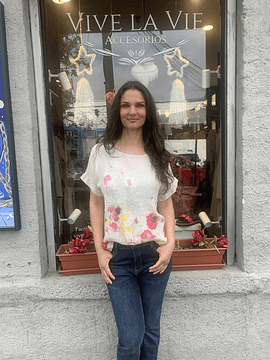 BLUSA LINO ESTAMPADA FLORES MARFIL
