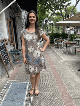 VESTIDO LINO FLORES GRIS PARDO