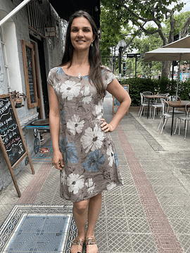 VESTIDO LINO FLORES GRIS PARDO