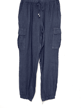 PANTALÓN LINO CARGO NADIA AZUL MARINO