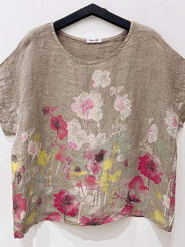 BLUSA LINO ESTAMPADA FLORES GRIS PARDO
