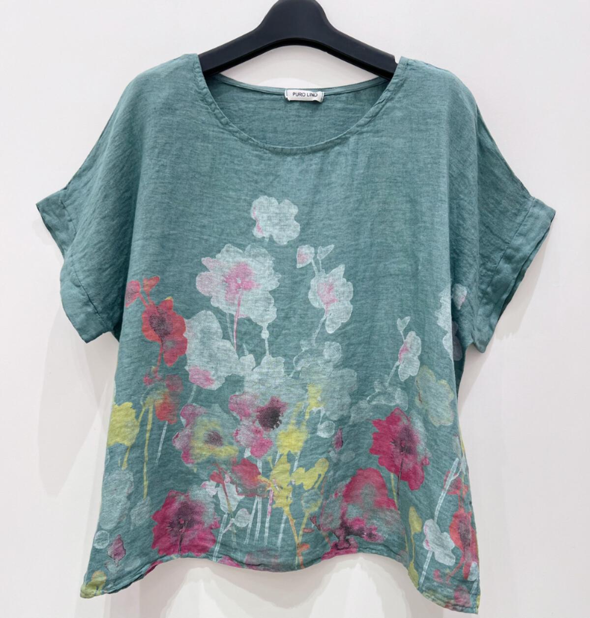 BLUSA LINO ESTAMPADA FLORES CELADON