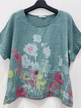 BLUSA LINO ESTAMPADA FLORES CELADON
