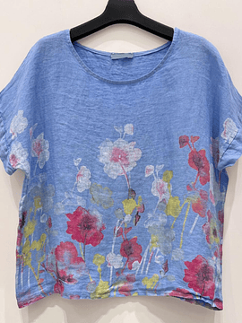 BLUSA LINO ESTAMPADA FLORES CELESTE