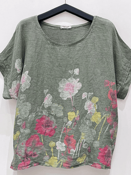 BLUSA LINO ESTAMPADA FLORES KAKI