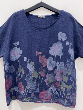 BLUSA LINO ESTAMPADA FLORES AZUL MARINO
