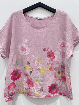 BLUSA LINO ESTAMPADA FLORES ROSA