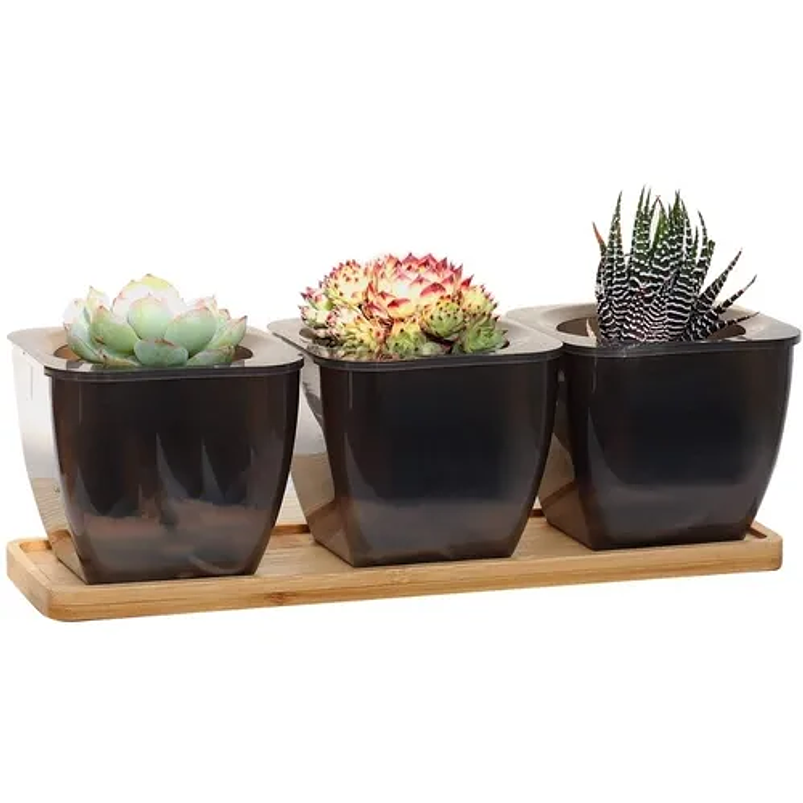Juego x3 macetas plasticas más bandeja en bambú sistema autoriego 1