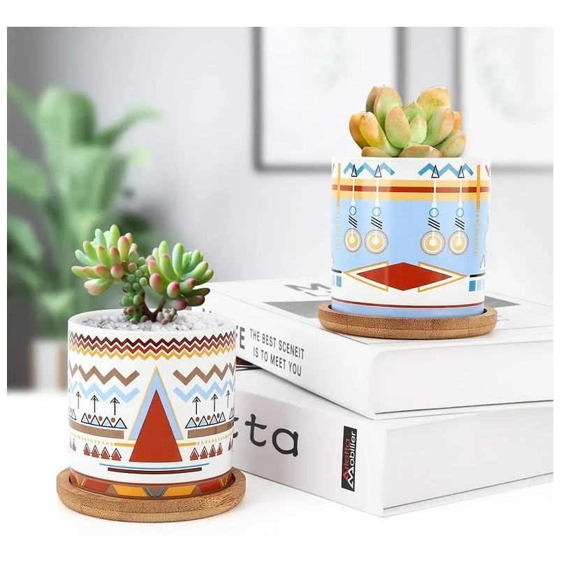 Juego Macetas Cerámica x3 Unidades Más Plato Bambú Diseño Geométrico 2